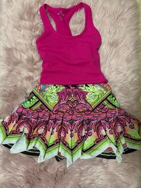 Lucky in Love Bright Pink Handkerchief Hem Skirt with Neon Pattern